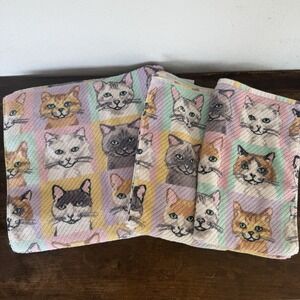 Deborah Connolly Cat Face Bath Towels Set Pastel Checkered Cotton Cat Lady 3pc‎